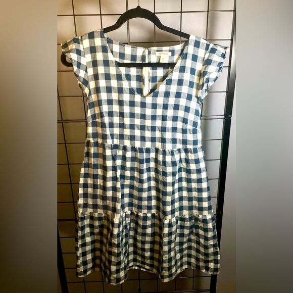 Good Threads washed linen blend flutter sleeve gingham peasant dress NWT - Picture 1 of 9